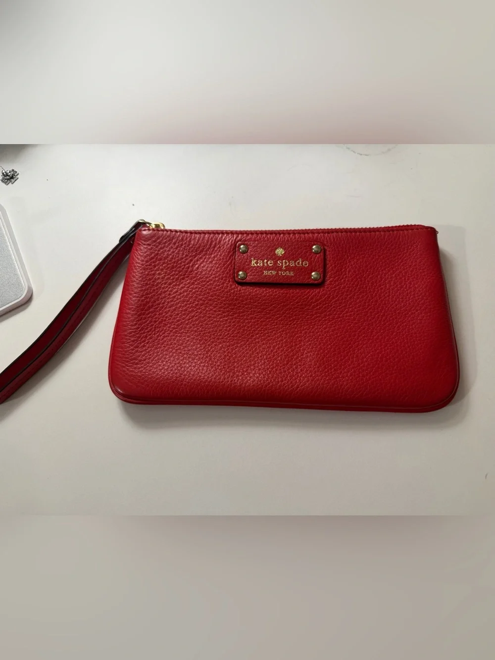 kate spade Red Pebbled Leather Wristlet with Gold Hardware